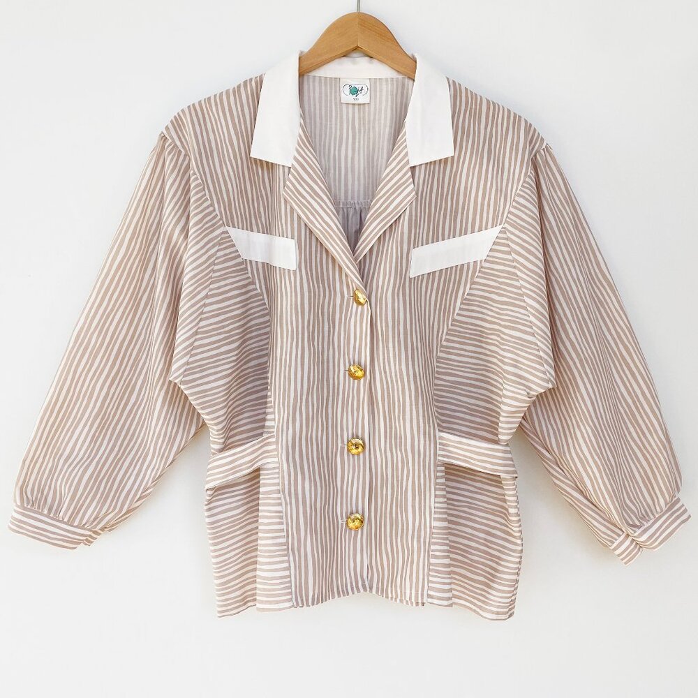 Vtg Pola Oy Finland 80s Striped Blouse Size L Batwing Sleeve Gold Button Scandi